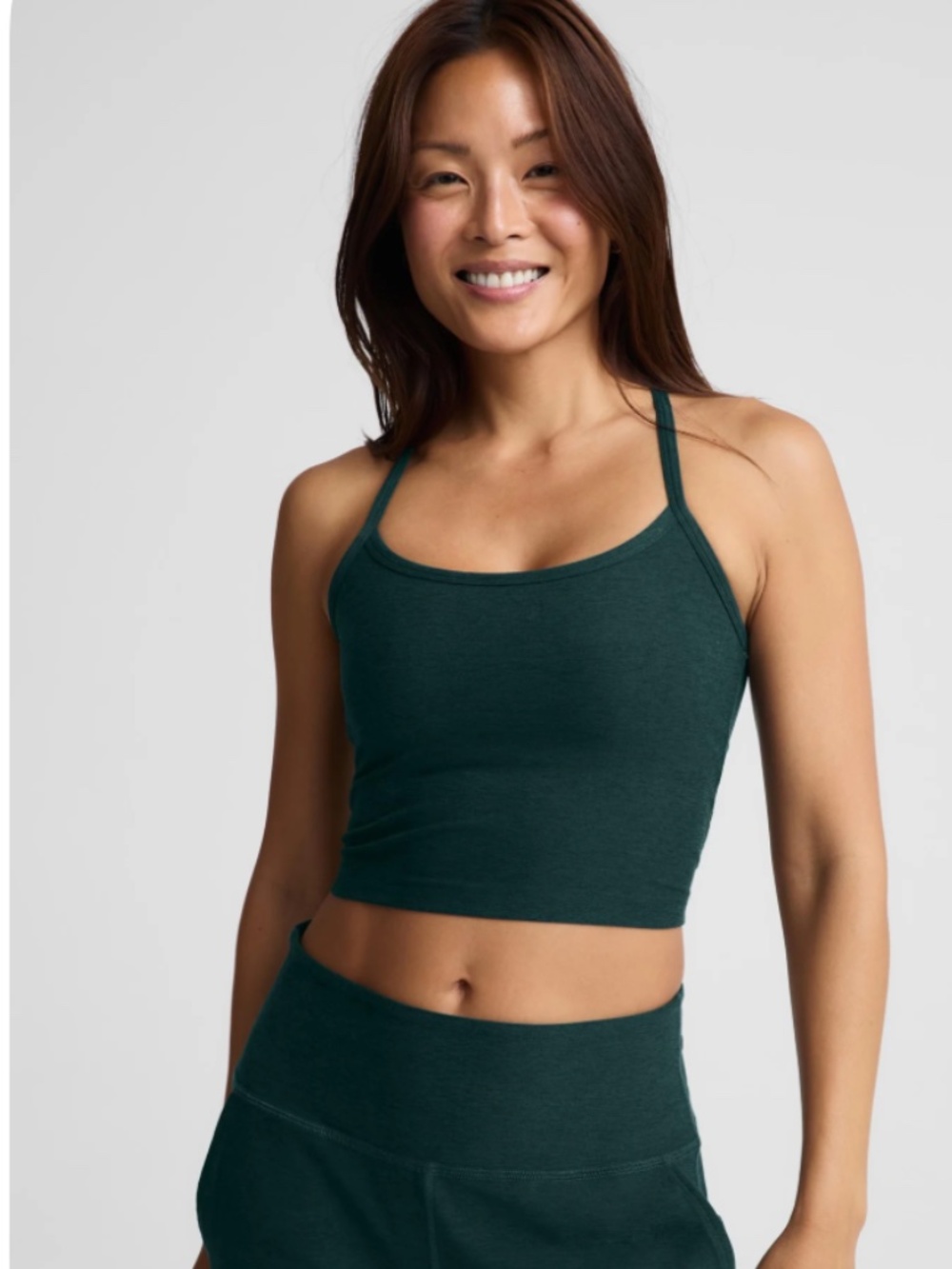 BEYOND YOGA "Spacedye Slim Racerback" Cropped Tank Top in Dark Ivy Heather: Sz L